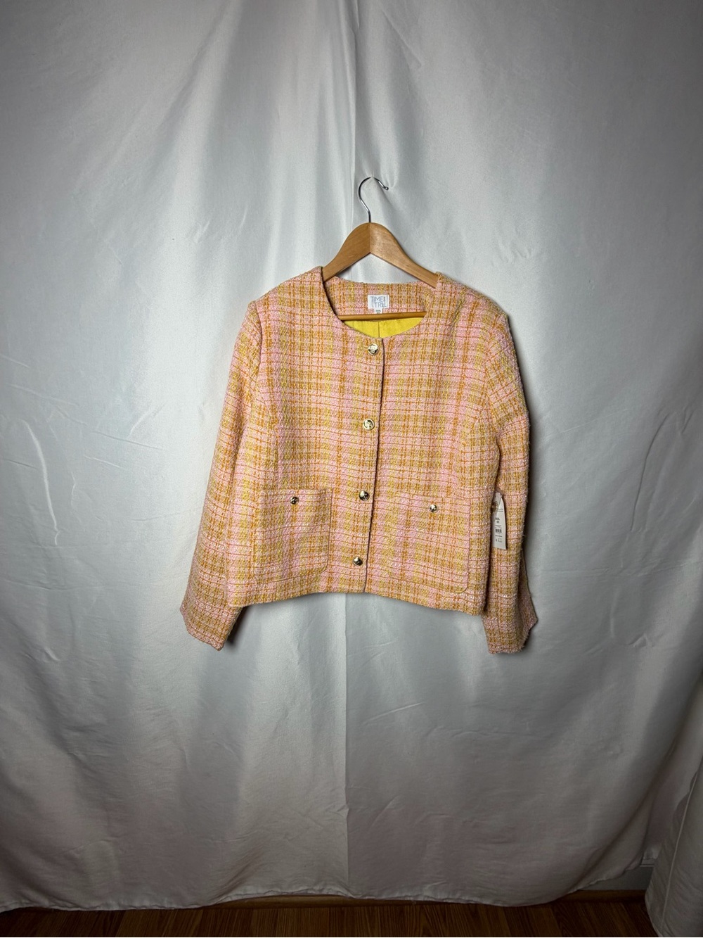 Time and Tru Pink & Yellow Tweed Cropped Jacket